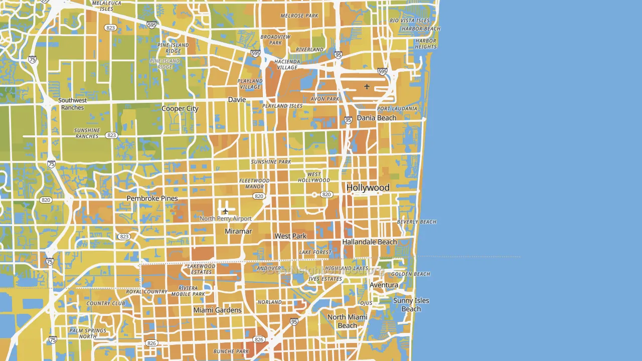 Map of the best neighborhoods in the Hollywood area, with better matches in green and worse matches in red