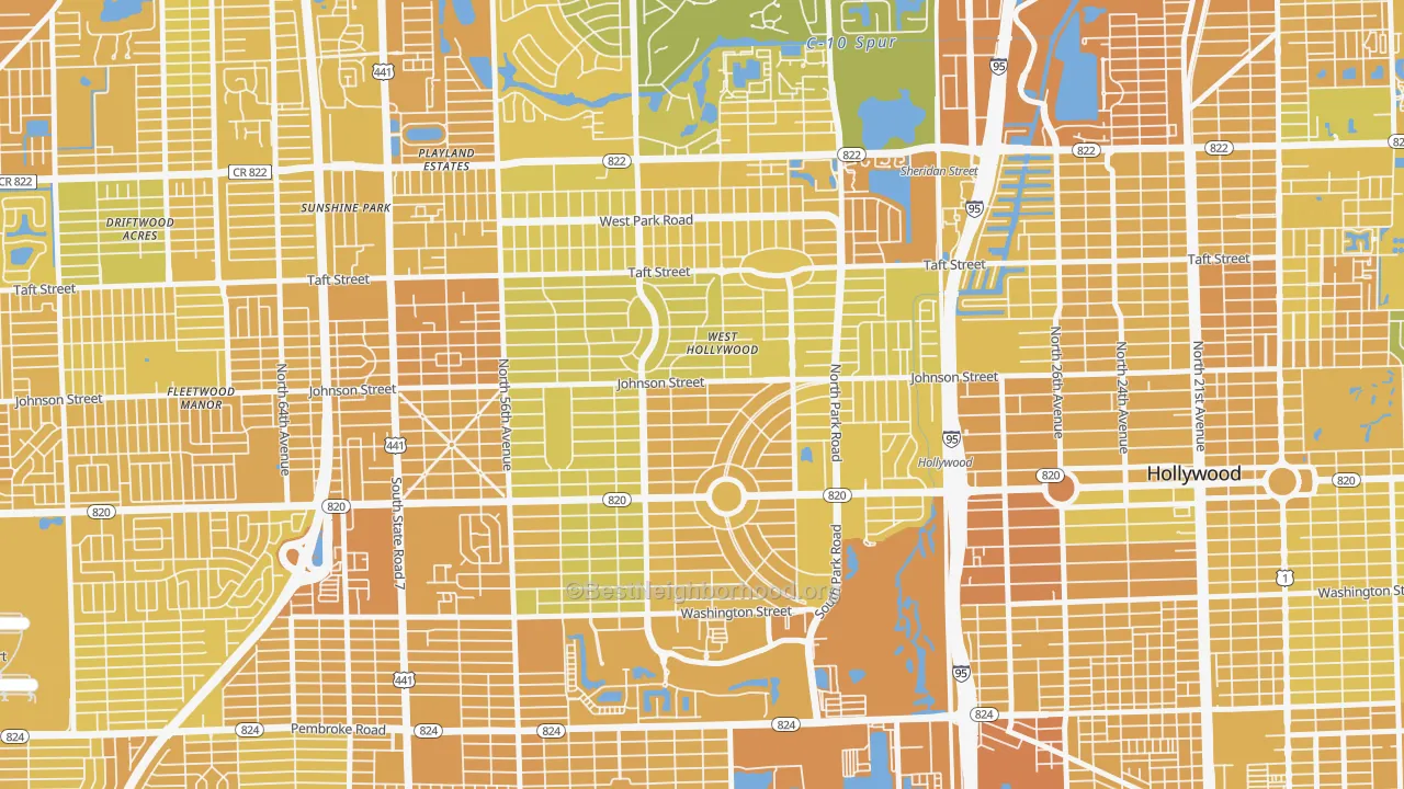 Map of the best neighborhoods in the Hollywood Hills, Hollywood area, with better matches in green and worse matches in red