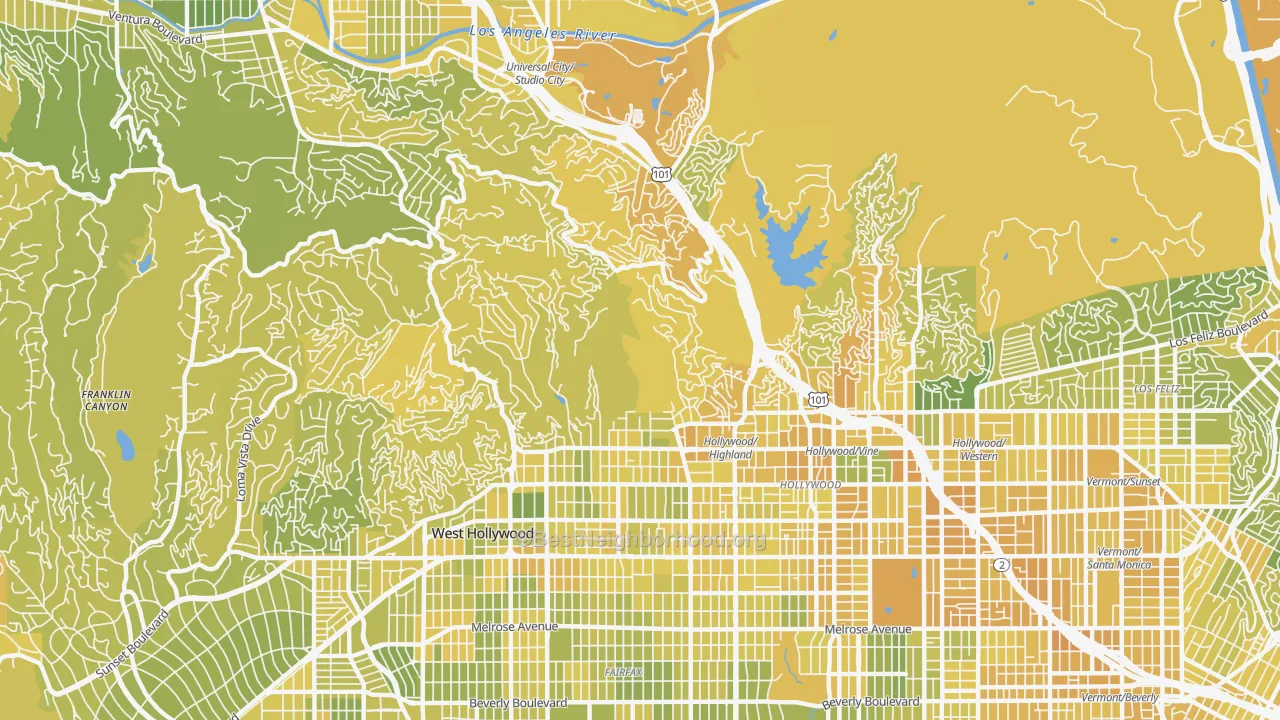 Map of the best neighborhoods in the Hollywood Hills, Los Angeles area, with better matches in green and worse matches in red