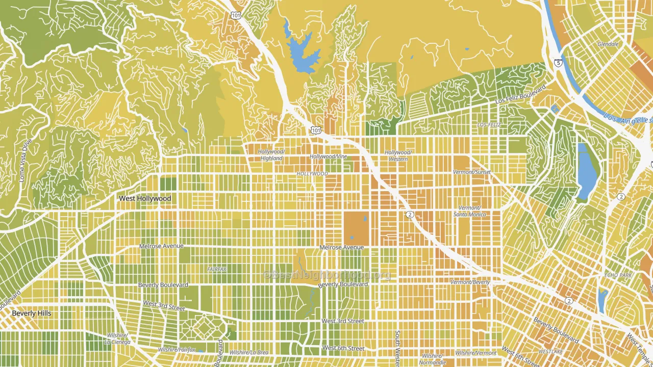 Map of the best neighborhoods in the Hollywood, Los Angeles area, with better matches in green and worse matches in red