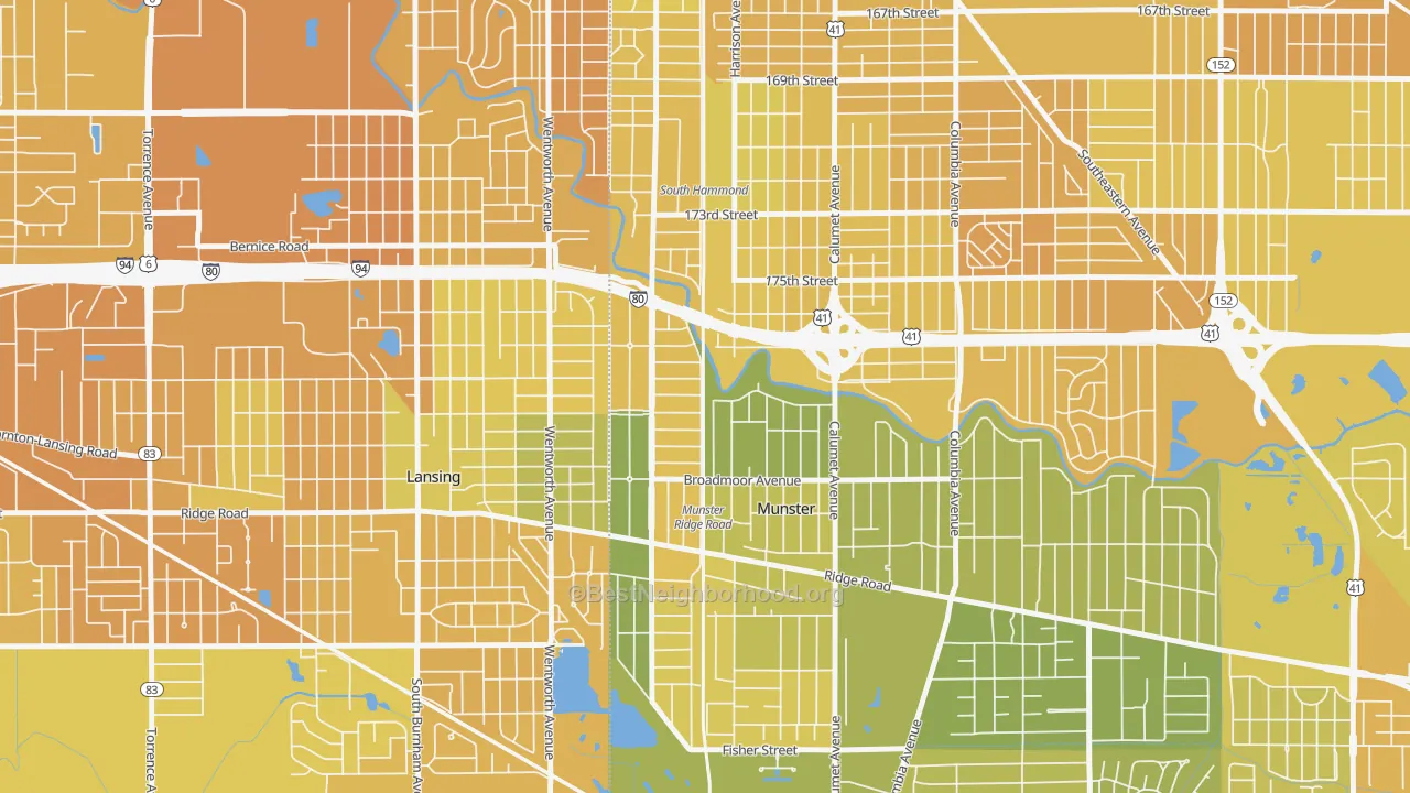 Map of the best neighborhoods in the Hollywood, Munster area, with better matches in green and worse matches in red