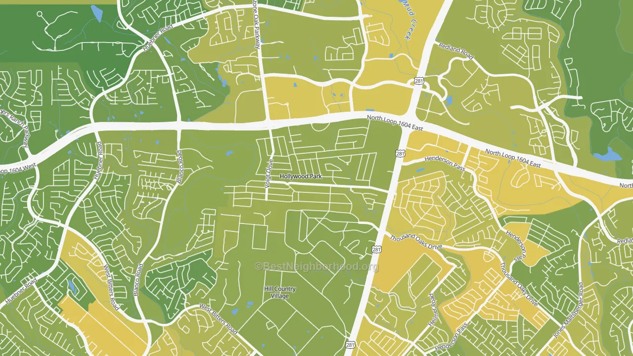 Map of the best neighborhoods in the Hollywood Park area, with better matches in green and worse matches in red