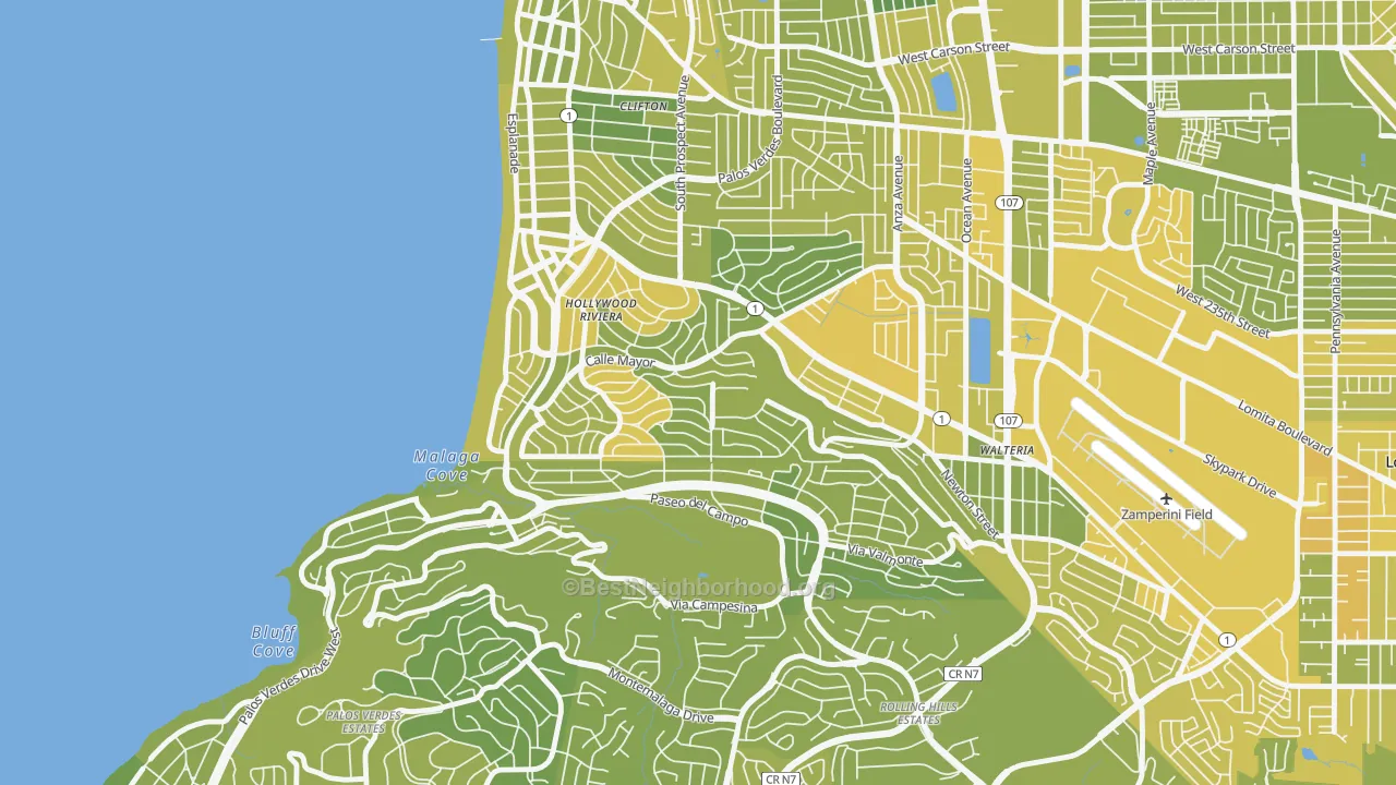 Map of the best neighborhoods in the Hollywood Riviera, Redondo Beach area, with better matches in green and worse matches in red