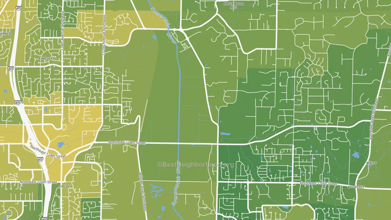 Map of the best neighborhoods in the Hollywood area, with better matches in green and worse matches in red