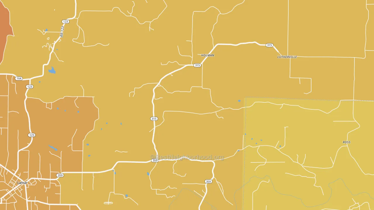 Map of the best neighborhoods in the Holman area, with better matches in green and worse matches in red