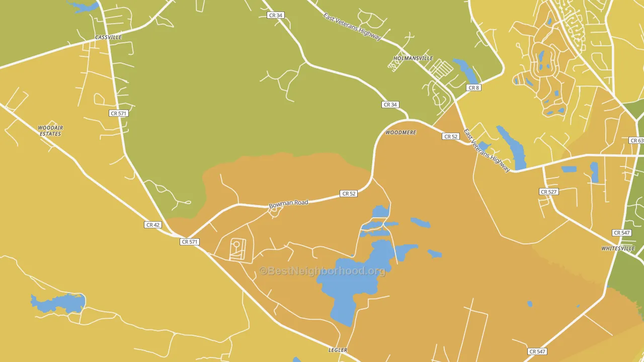 Map of the best neighborhoods in the Holmansville area, with better matches in green and worse matches in red