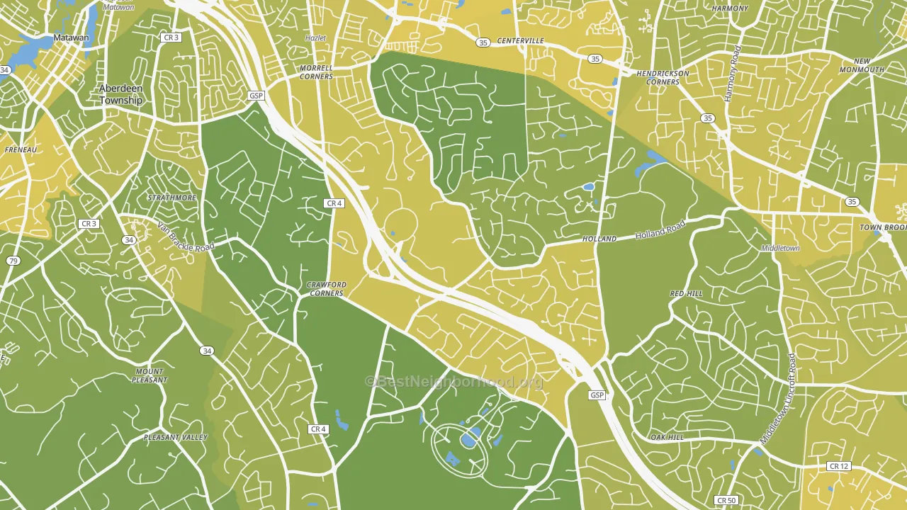 Map of the best neighborhoods in the Holmdel area, with better matches in green and worse matches in red