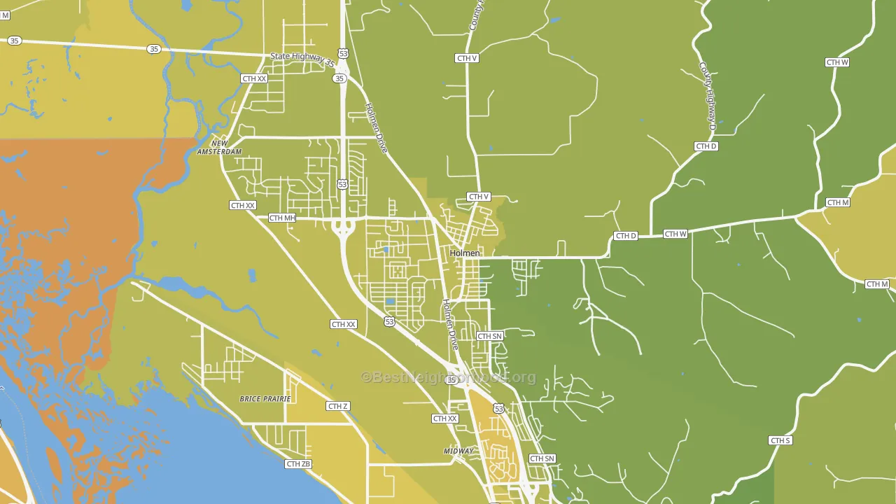Map of the best neighborhoods in the Holmen area, with better matches in green and worse matches in red