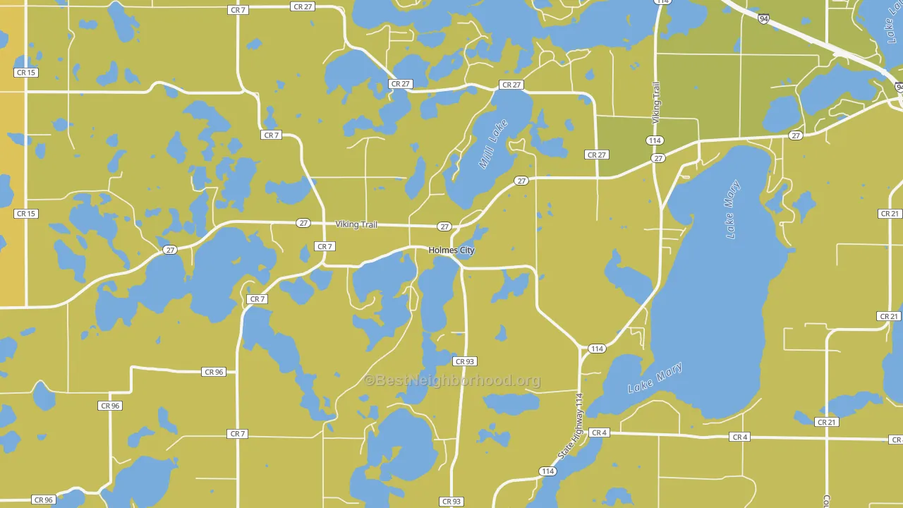 Map of the best neighborhoods in the Holmes City area, with better matches in green and worse matches in red