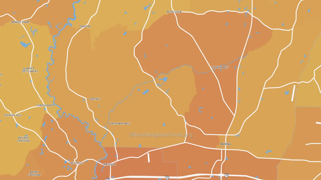 Map of the best neighborhoods in the Holmes County area, with better matches in green and worse matches in red