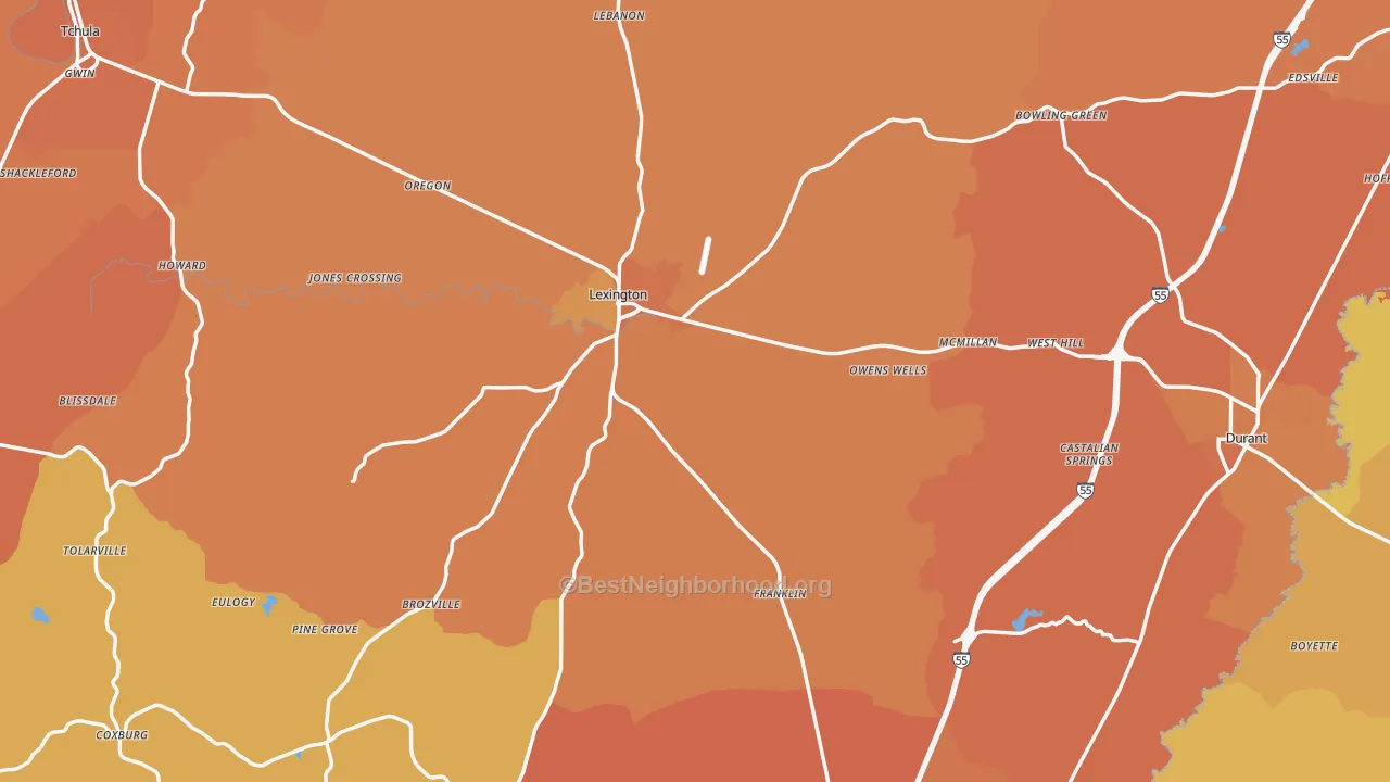 Map of the best neighborhoods in the Holmes County area, with better matches in green and worse matches in red
