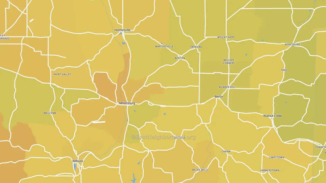 Map of the best neighborhoods in the Holmes County area, with better matches in green and worse matches in red