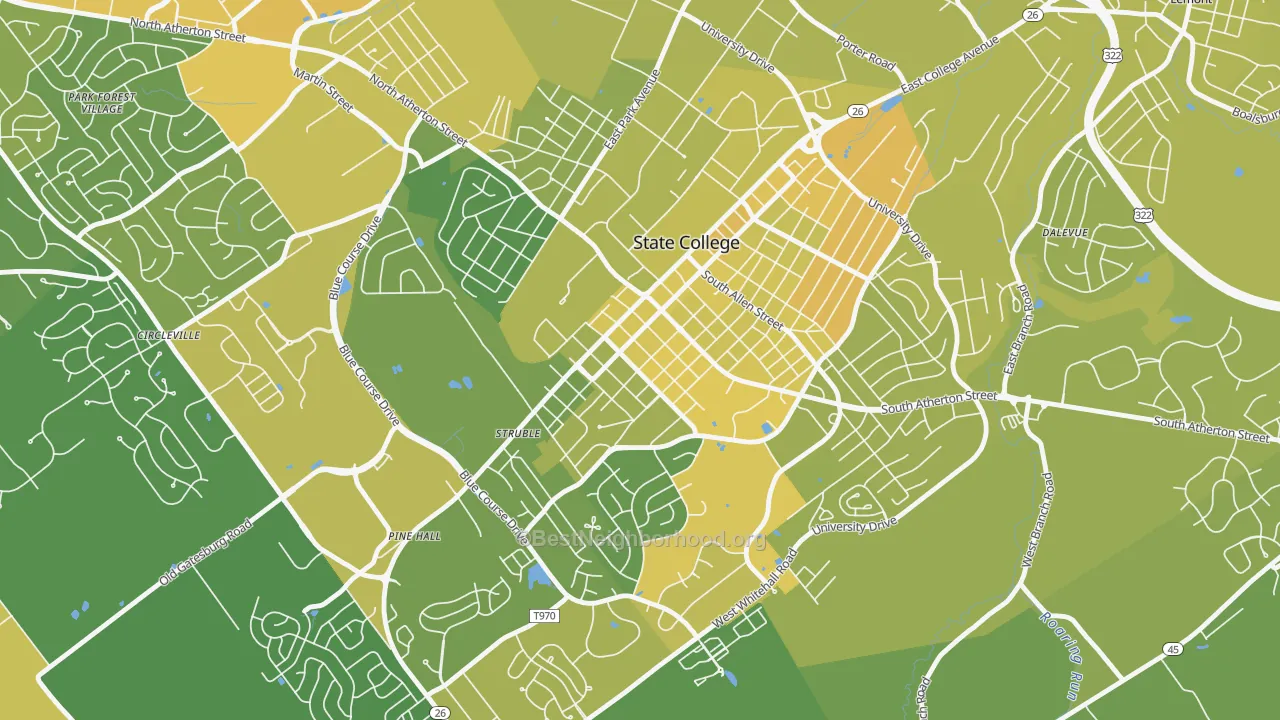 Map of the best neighborhoods in the Holmes-Foster Historic District, State College area, with better matches in green and worse matches in red