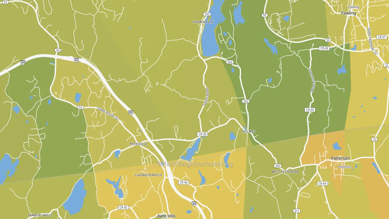 Map of the best neighborhoods in the Holmes area, with better matches in green and worse matches in red