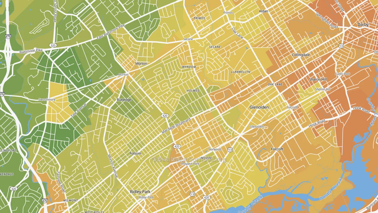 Map of the best neighborhoods in the Holmes area, with better matches in green and worse matches in red