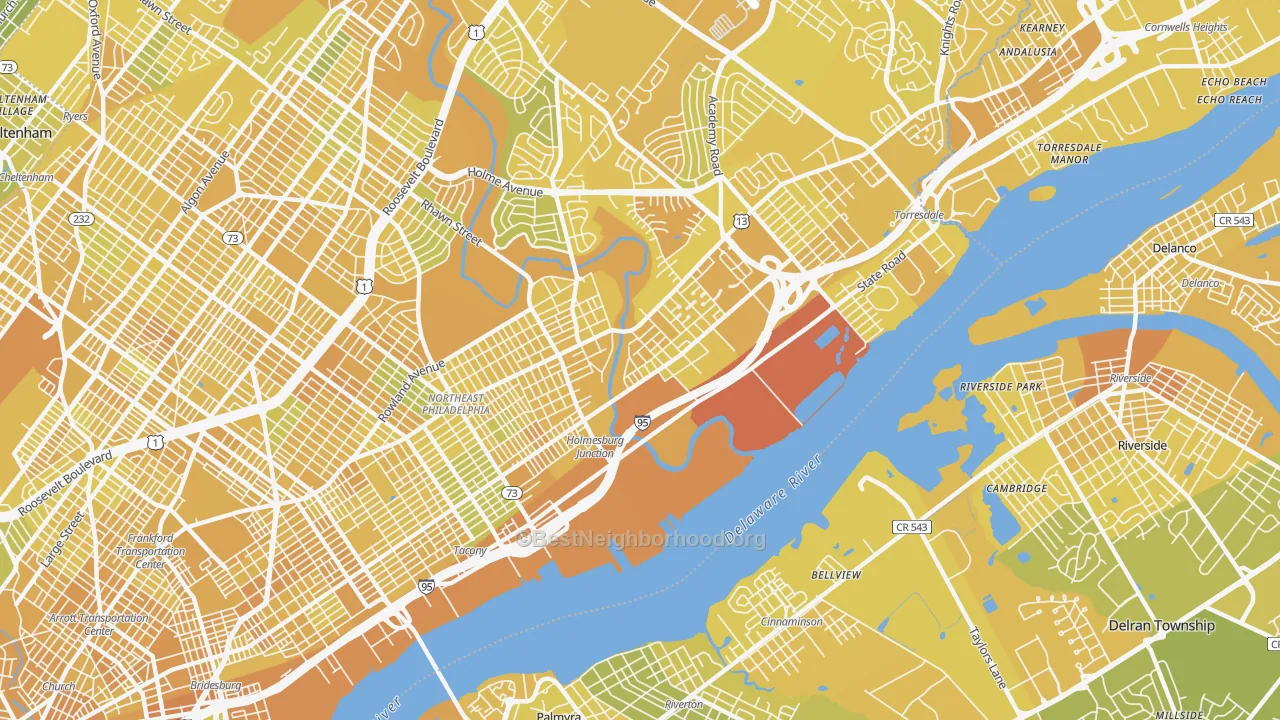 Map of the best neighborhoods in the Holmesburg, Philadelphia area, with better matches in green and worse matches in red