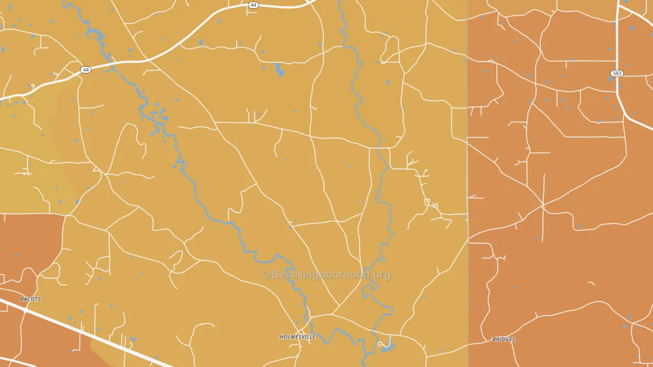 Map of the best neighborhoods in the Holmesville area, with better matches in green and worse matches in red