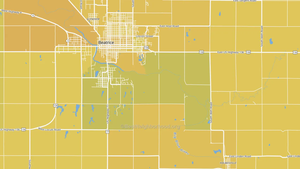 Map of the best neighborhoods in the Holmesville area, with better matches in green and worse matches in red