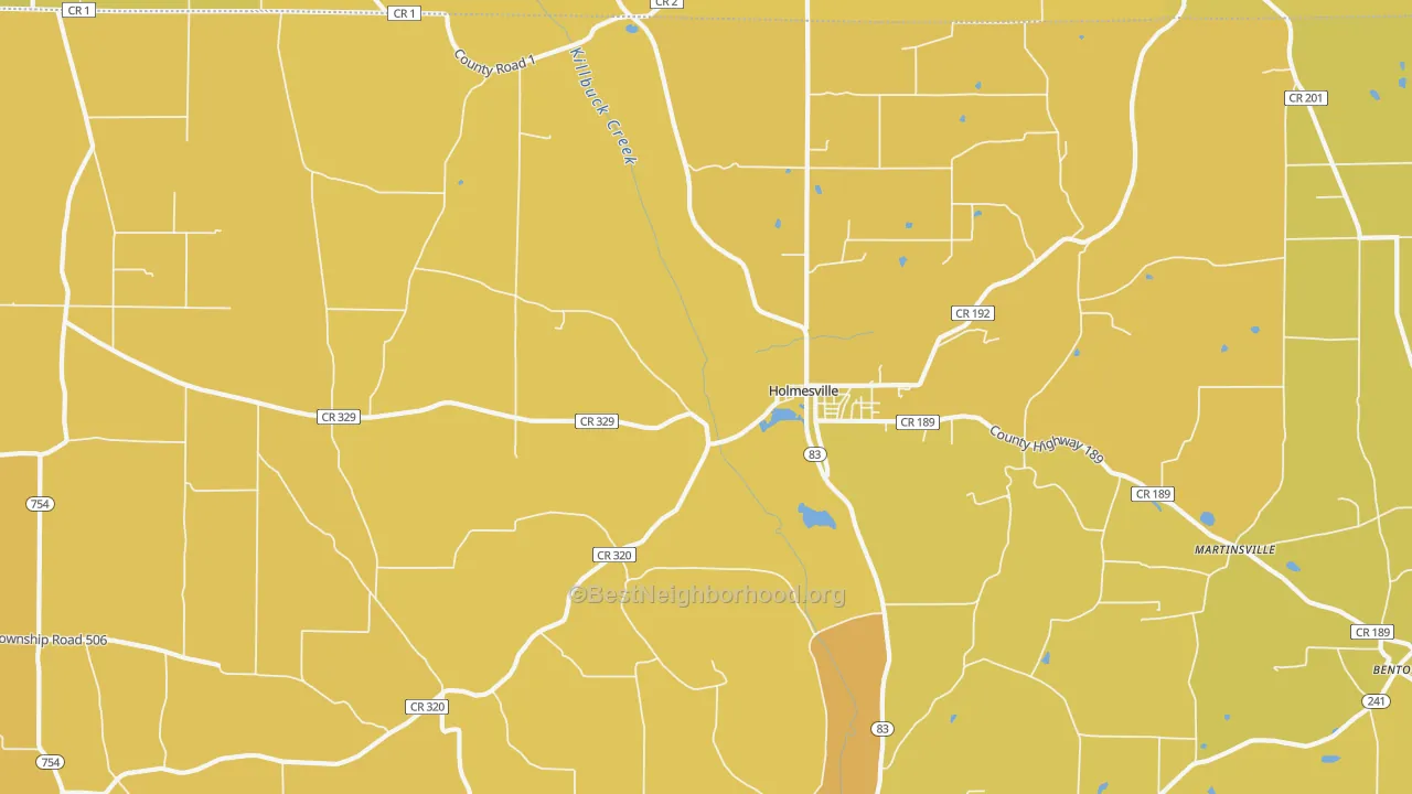 Map of the best neighborhoods in the Holmesville area, with better matches in green and worse matches in red