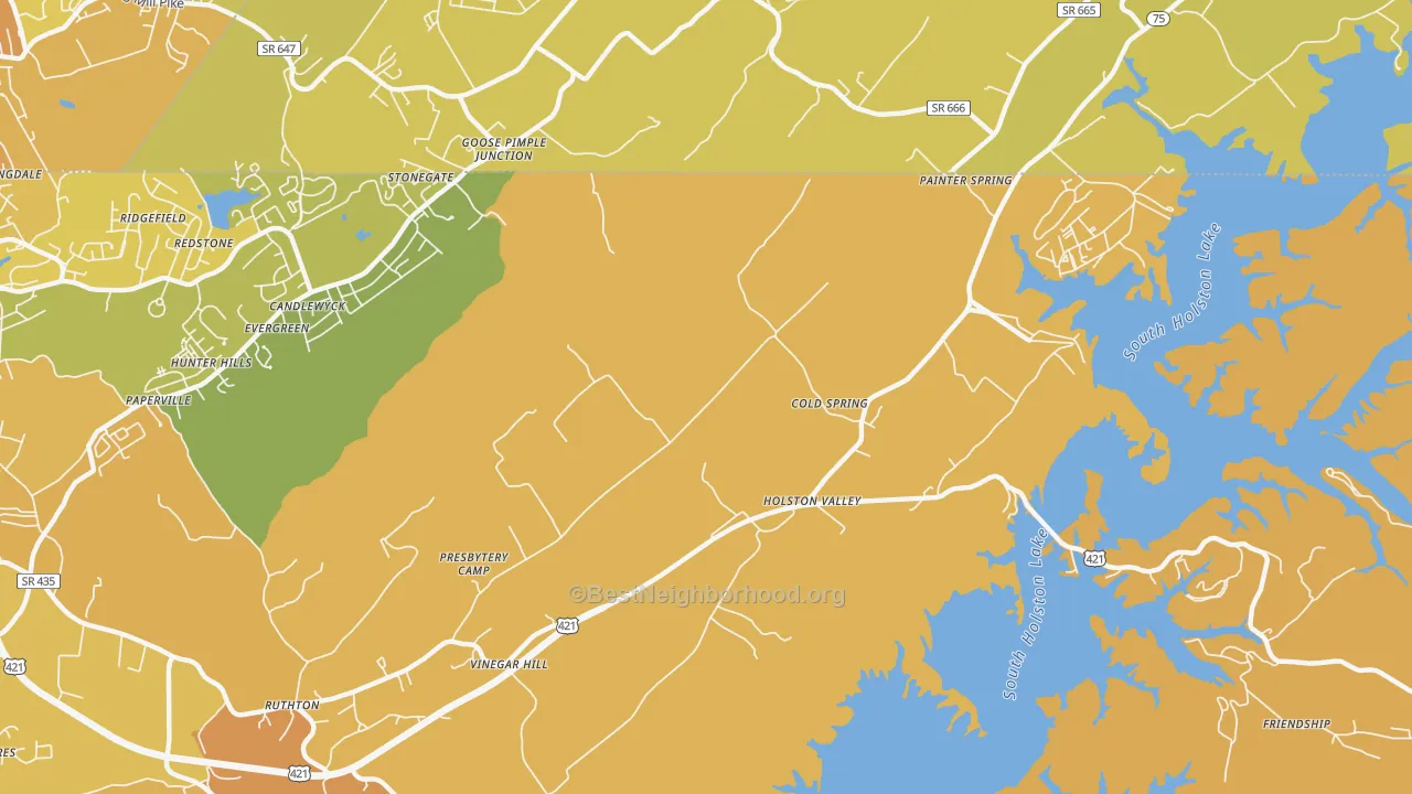 Map of the best neighborhoods in the Holston Valley area, with better matches in green and worse matches in red