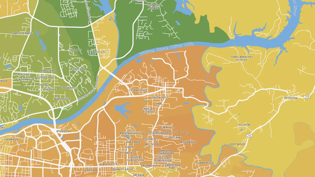 Map of the best neighborhoods in the Holt area, with better matches in green and worse matches in red