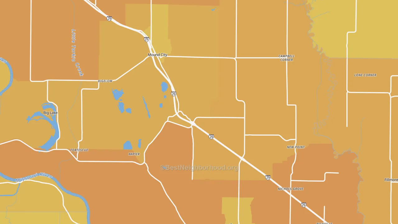 Map of the best neighborhoods in the Holt County area, with better matches in green and worse matches in red