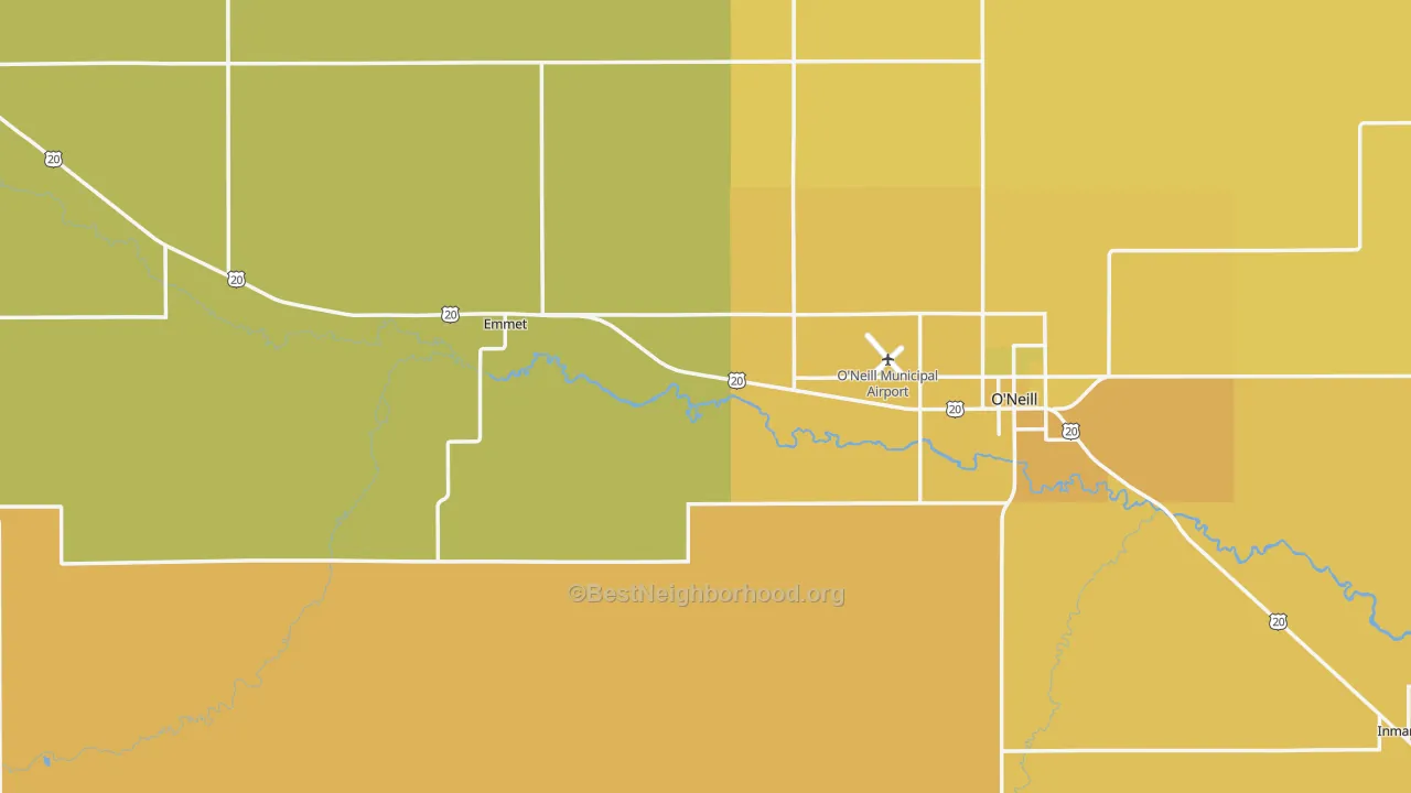 Map of the best neighborhoods in the Holt County area, with better matches in green and worse matches in red