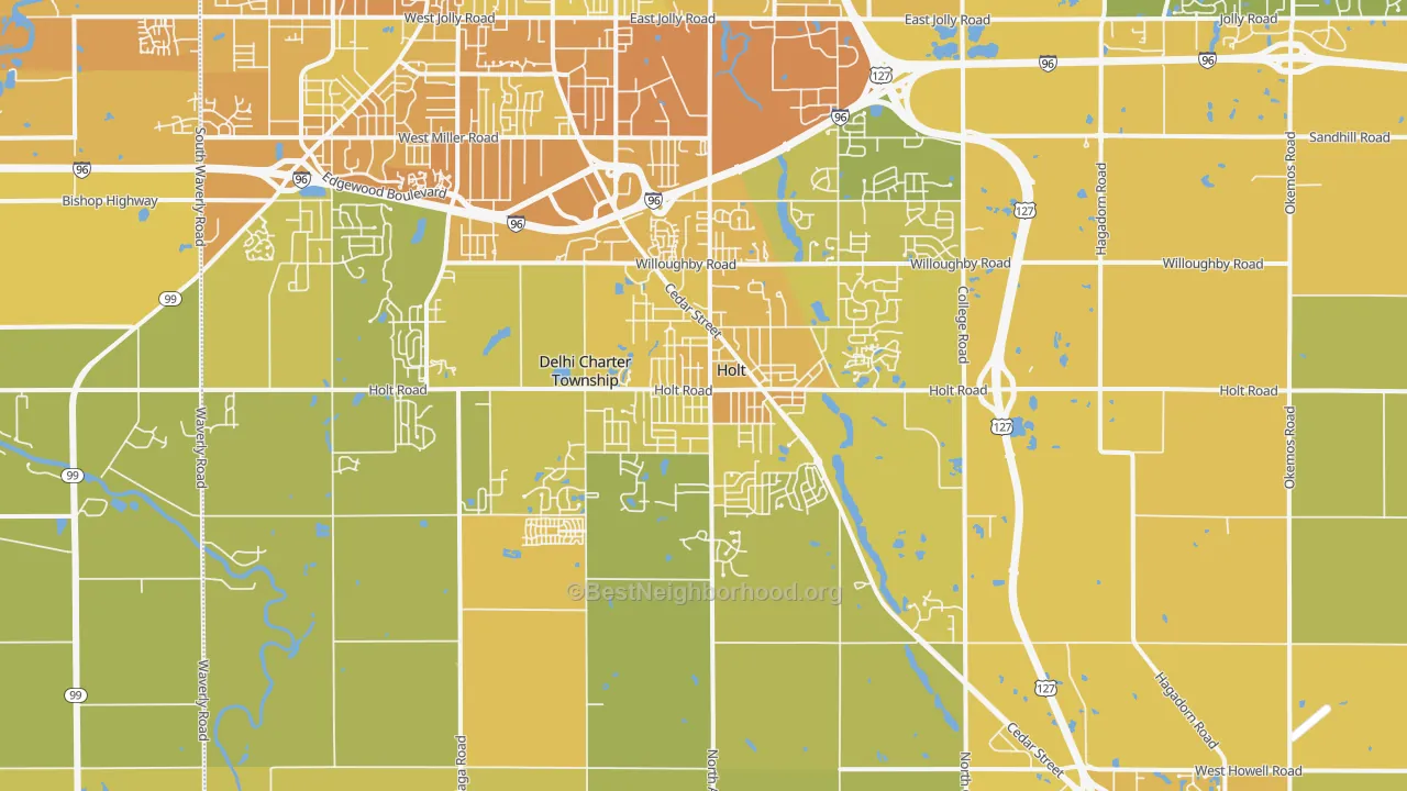 Map of the best neighborhoods in the Holt area, with better matches in green and worse matches in red