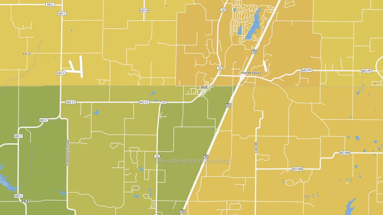 Map of the best neighborhoods in the Holt area, with better matches in green and worse matches in red