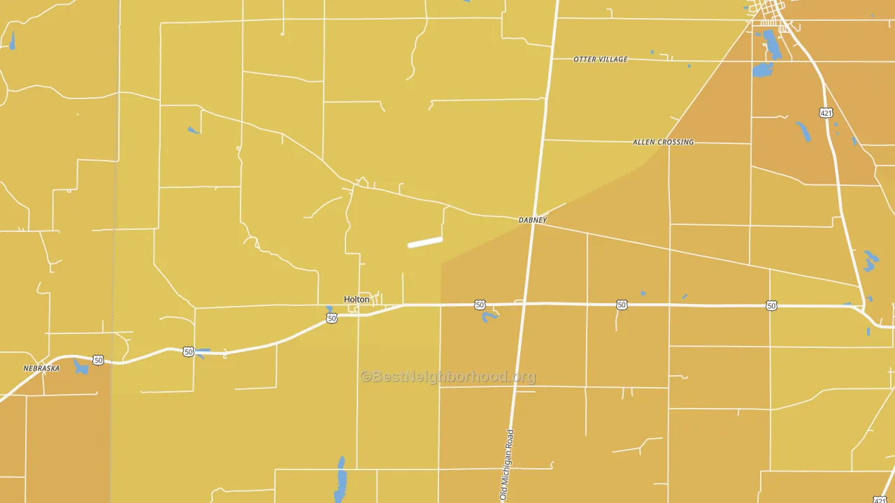 Map of the best neighborhoods in the Holton area, with better matches in green and worse matches in red