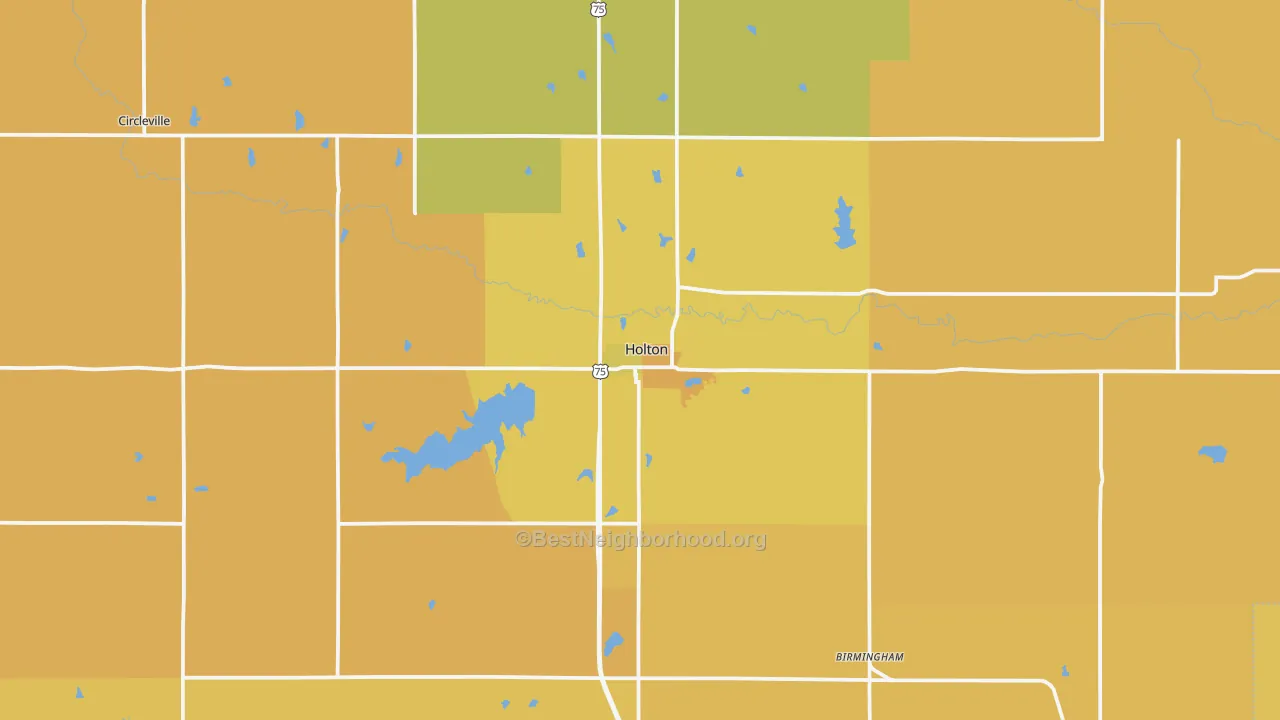 Map of the best neighborhoods in the Holton area, with better matches in green and worse matches in red