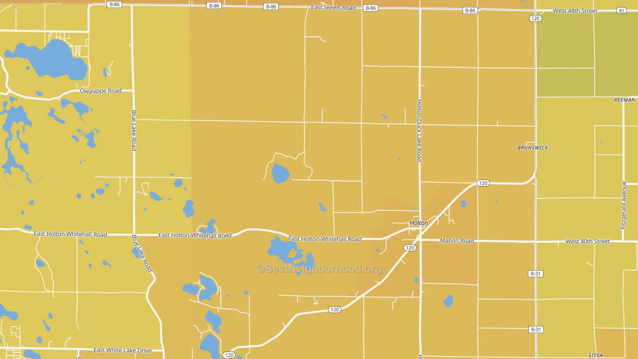 Map of the best neighborhoods in the Holton area, with better matches in green and worse matches in red