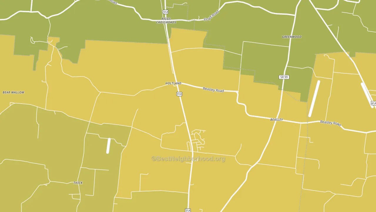 Map of the best neighborhoods in the Holts Corner area, with better matches in green and worse matches in red