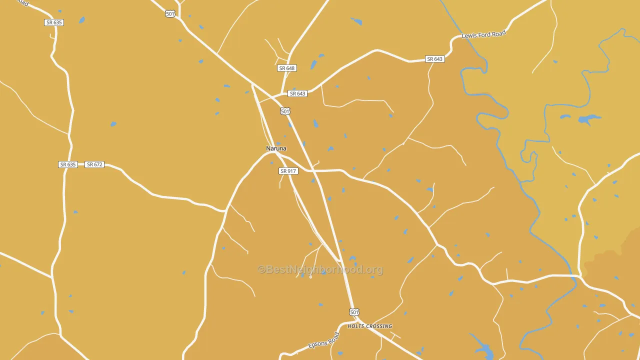 Map of the best neighborhoods in the Holts Crossing area, with better matches in green and worse matches in red