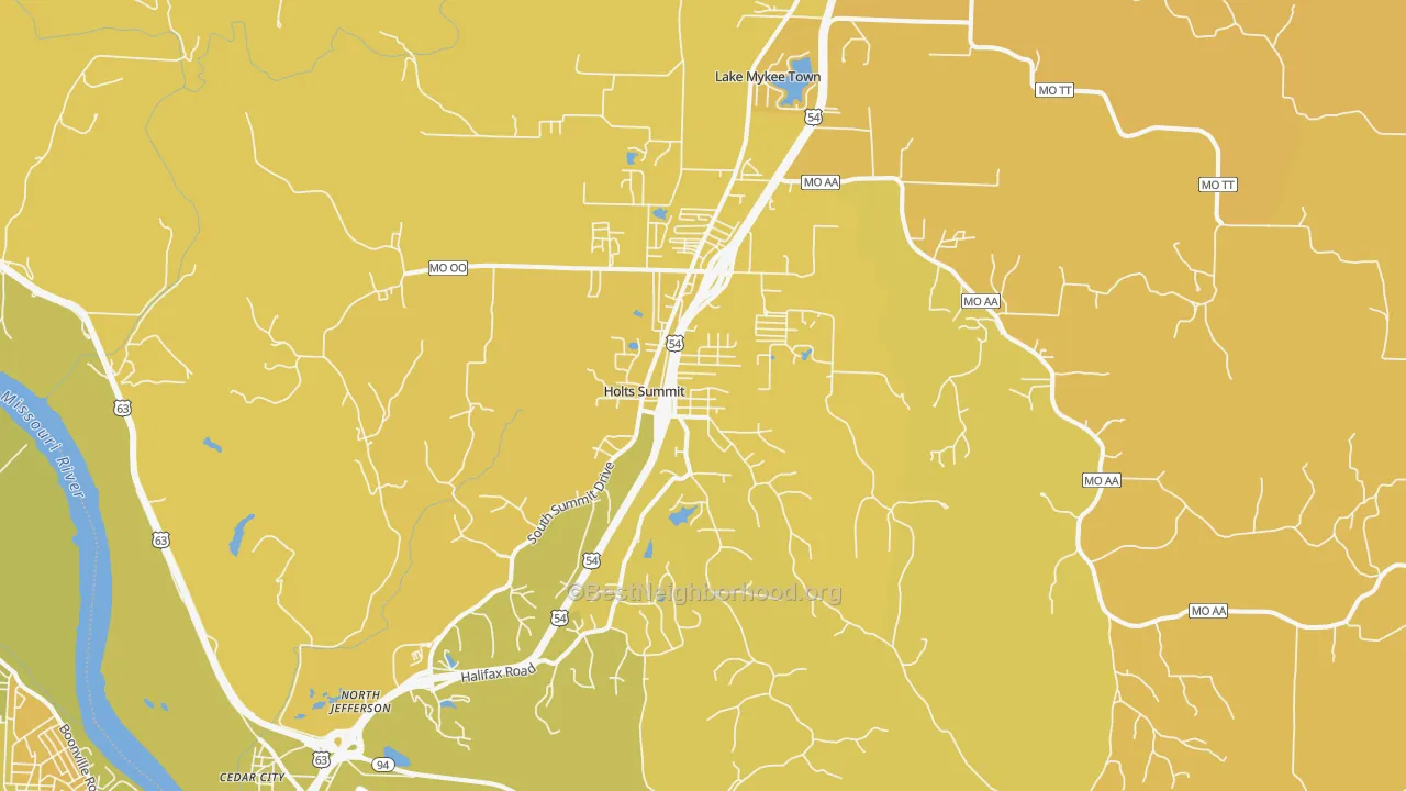 Map of the best neighborhoods in the Holts Summit area, with better matches in green and worse matches in red