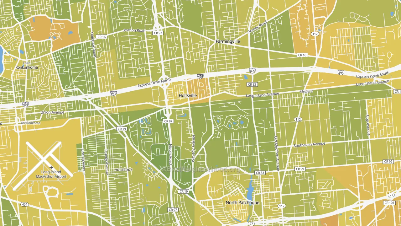 Map of the best neighborhoods in the Holtsville area, with better matches in green and worse matches in red