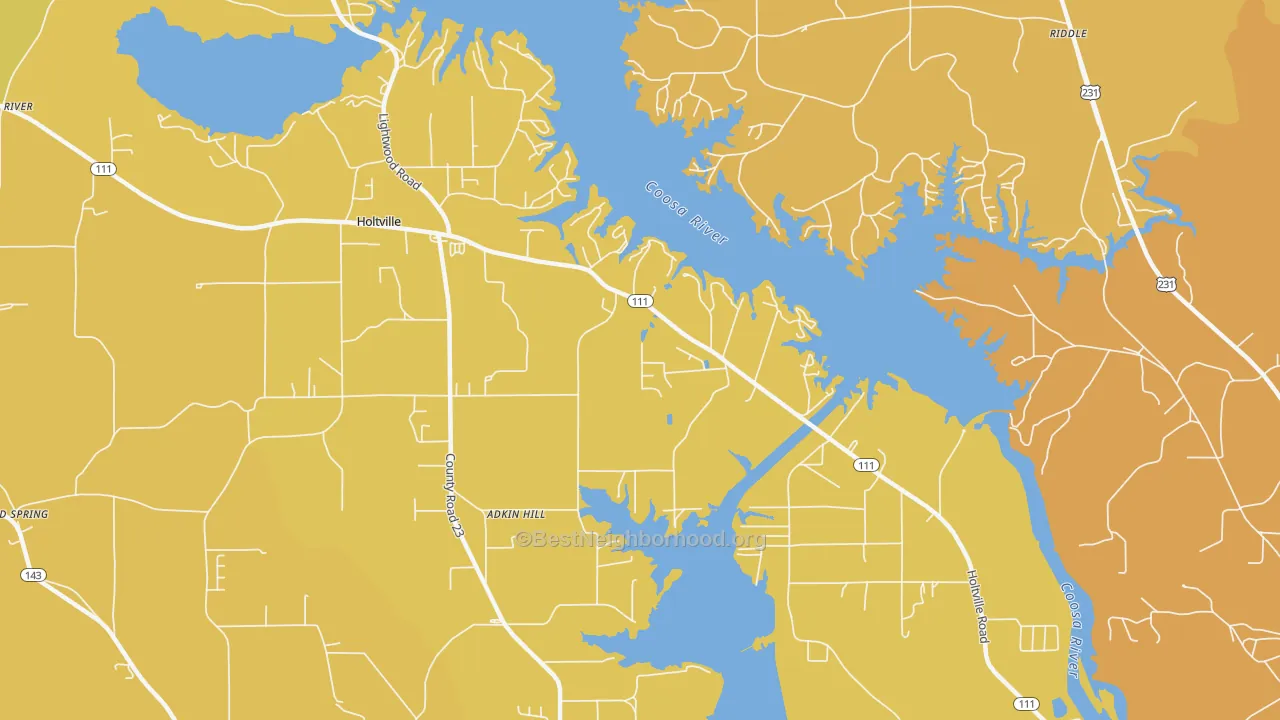 Map of the best neighborhoods in the Holtville area, with better matches in green and worse matches in red