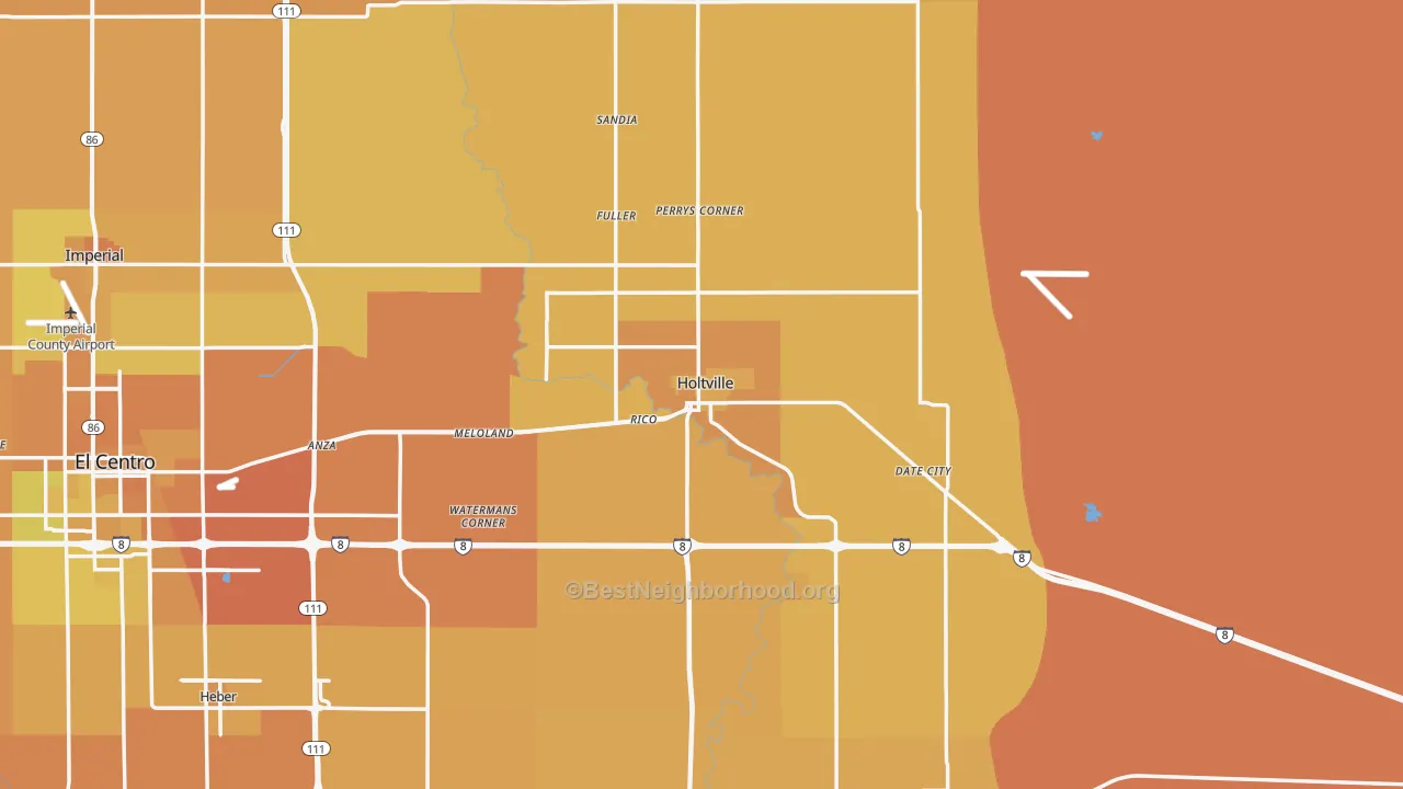 Map of the best neighborhoods in the Holtville area, with better matches in green and worse matches in red