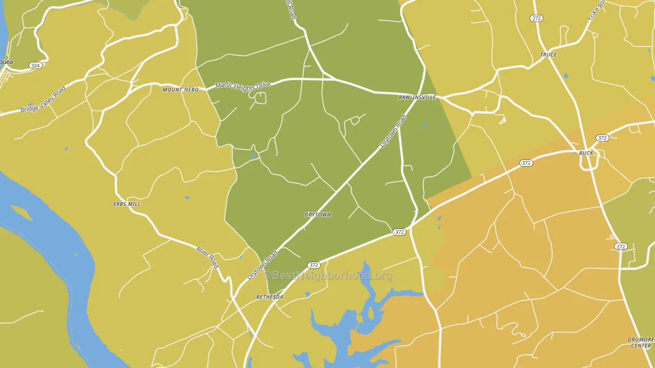 Map of the best neighborhoods in the Holtwood area, with better matches in green and worse matches in red