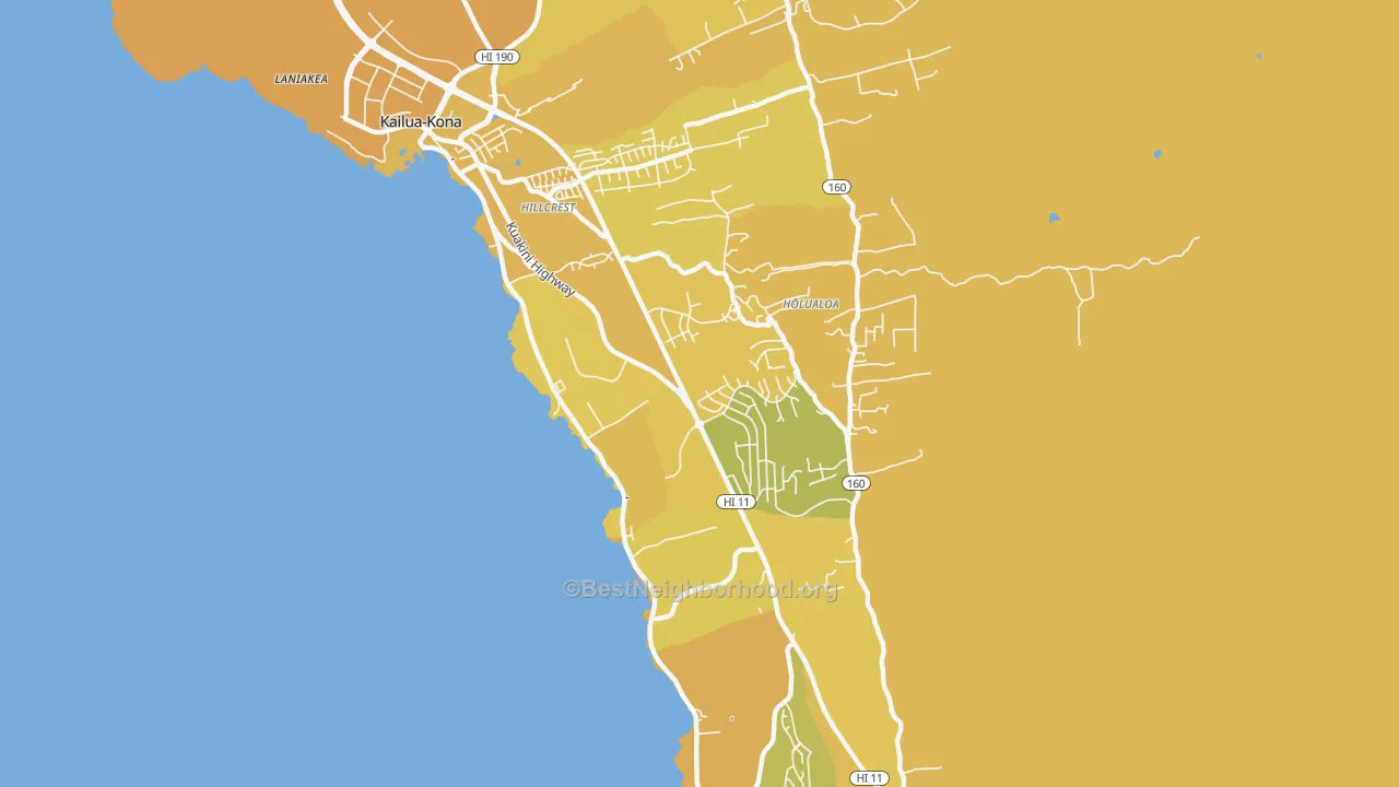 Map of the best neighborhoods in the Holualoa area, with better matches in green and worse matches in red