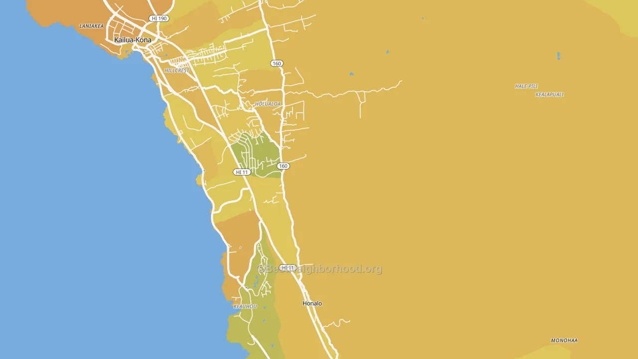 Map of the best neighborhoods in the Holualoa, Kailua-Kona area, with better matches in green and worse matches in red