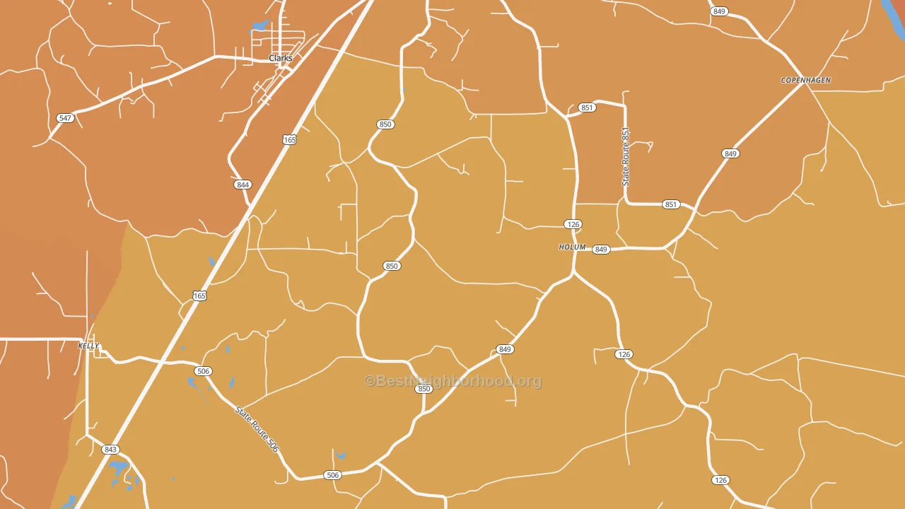 Map of the best neighborhoods in the Holum area, with better matches in green and worse matches in red