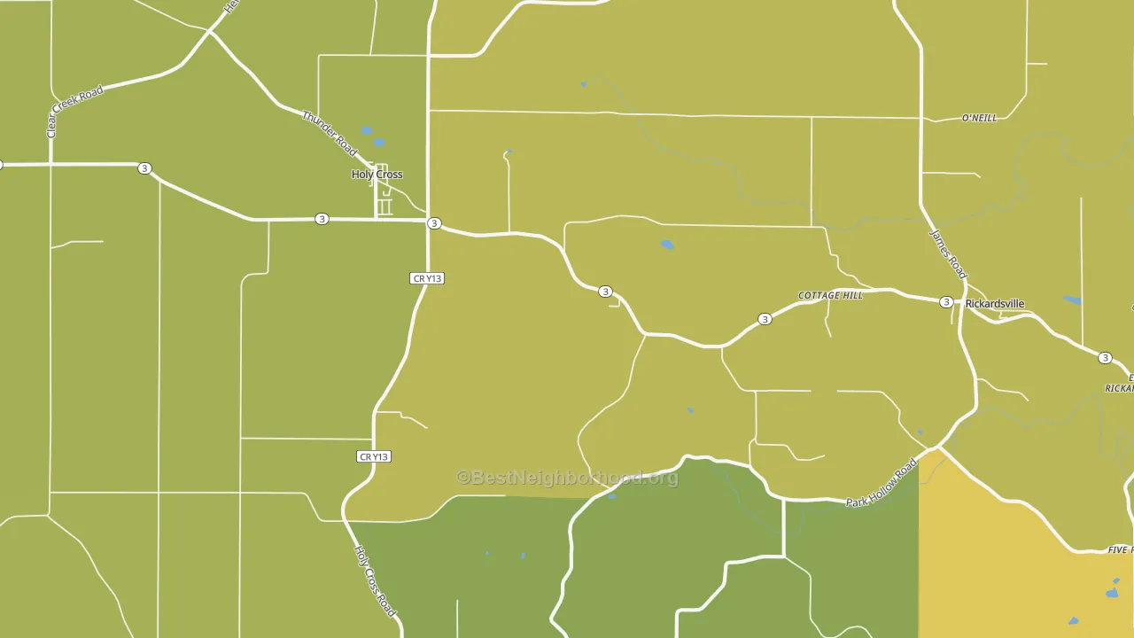Map of the best neighborhoods in the Holy Cross area, with better matches in green and worse matches in red