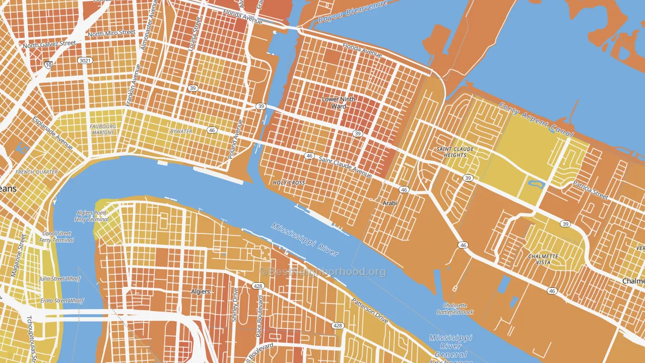 Map of the best neighborhoods in the Holy Cross, New Orleans area, with better matches in green and worse matches in red