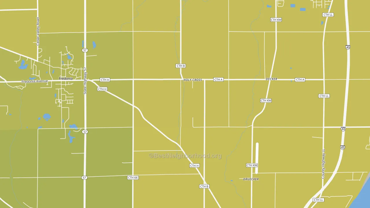 Map of the best neighborhoods in the Holy Cross area, with better matches in green and worse matches in red