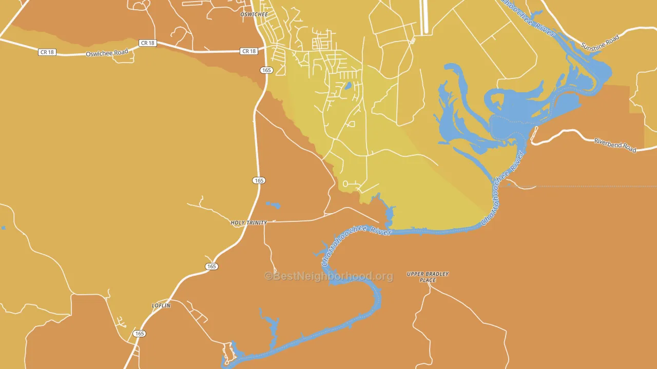 Map of the best neighborhoods in the Holy Trinity area, with better matches in green and worse matches in red