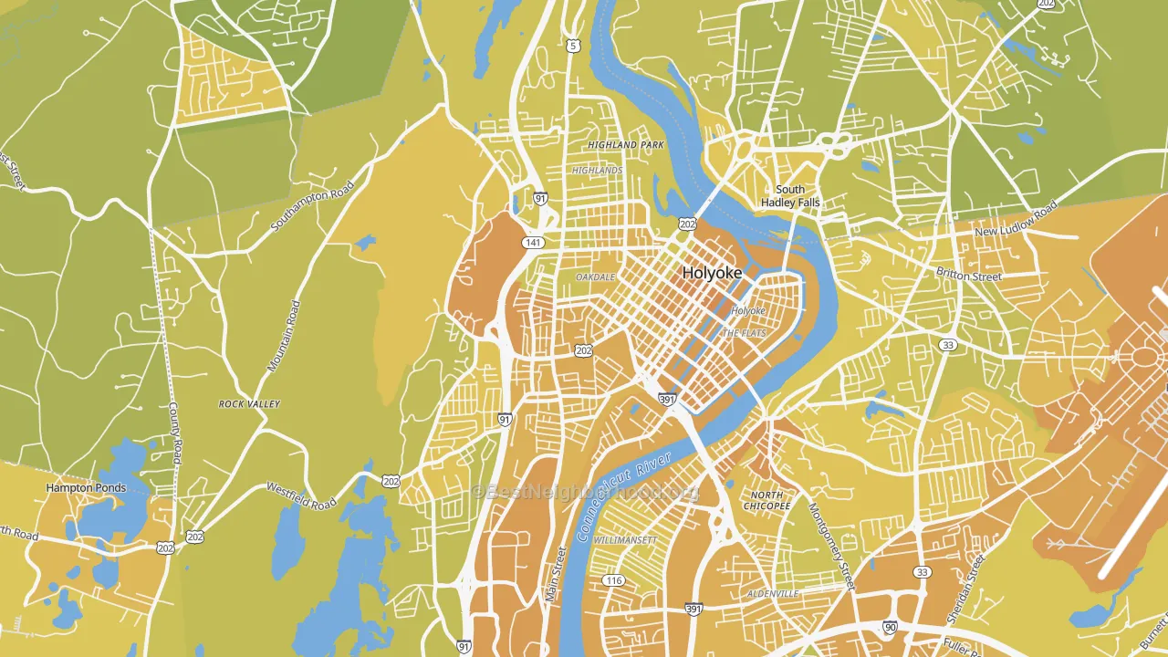 Map of the best neighborhoods in the Holyoke area, with better matches in green and worse matches in red