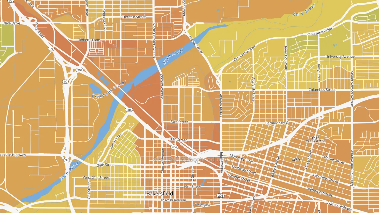 Map of the best neighborhoods in the Homaker Park, Bakersfield area, with better matches in green and worse matches in red
