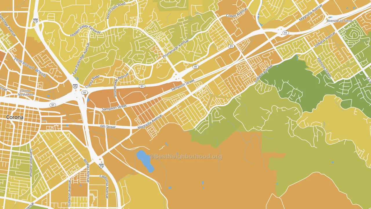 Map of the best neighborhoods in the Home Gardens, Corona area, with better matches in green and worse matches in red