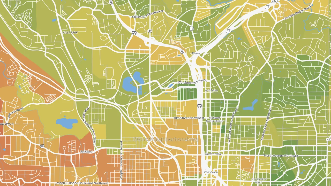 Map of the best neighborhoods in the Home Park, Atlanta area, with better matches in green and worse matches in red